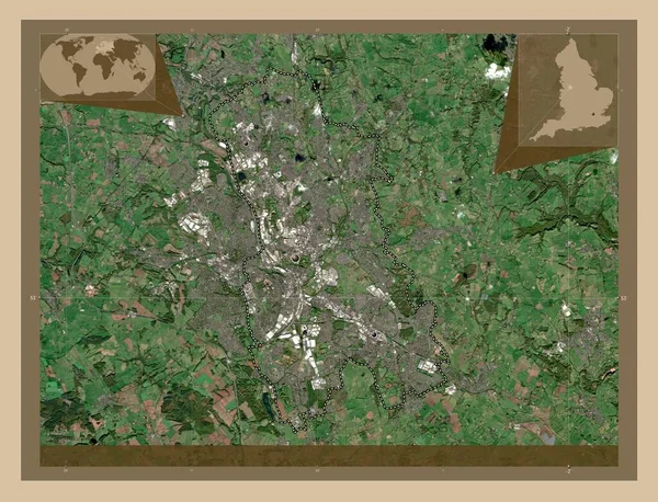 ストークオントレント イギリスの統一当局 イギリス 低解像度衛星地図 地域の主要都市の場所 コーナー補助位置図 — ストック写真