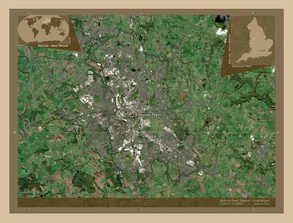 ストークオントレント イギリスの統一当局 イギリス 低解像度衛星地図 地域の主要都市の位置と名前 コーナー補助位置図 — ストック写真