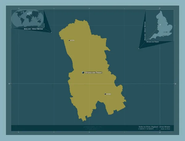 斯托克 特伦特 英格兰的单一政权 大不列颠 固体的颜色形状 该区域主要城市的地点和名称 角辅助位置图 — 图库照片