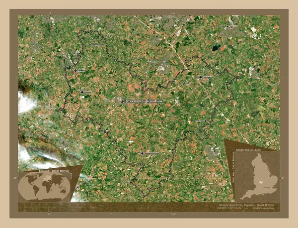 Stratford Avon 英格兰非大都市地区 大不列颠 低分辨率卫星地图 该区域主要城市的地点和名称 角辅助位置图 — 图库照片