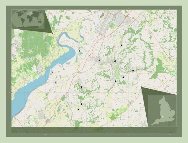 イギリスの首都圏ではない地域 ストロード イギリス ストリートマップを開く 地域の主要都市の場所 コーナー補助位置図 — ストック写真