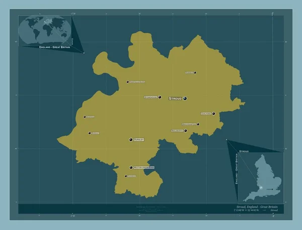 イギリスの首都圏ではない地域 ストロード イギリス しっかりした色の形 地域の主要都市の位置と名前 コーナー補助位置図 — ストック写真