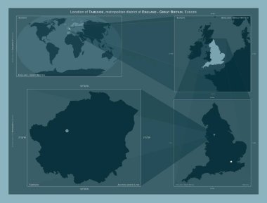 Tameside, İngiltere 'nin metropol bölgesi - Büyük Britanya. Büyük ölçekli haritalarda bölgenin yerini gösteren diyagram. Katı bir arkaplan üzerinde vektör çerçevelerinin ve PNG şekillerinin bileşimi