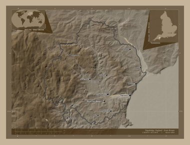 Teignbridge, İngiltere 'nin metropolitan olmayan bölgesi - Büyük Britanya. Yükseklik haritası sepya tonlarında göller ve nehirlerle renklendirilmiş. Bölgenin büyük şehirlerinin yerleri ve isimleri. Köşedeki yedek konum haritaları