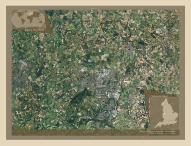 Telford ve Wrekin, İngiltere 'nin üniter otoritesi - Büyük Britanya. Yüksek çözünürlüklü uydu. Bölgenin büyük şehirlerinin yerleri ve isimleri. Köşedeki yedek konum haritaları