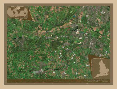 Tonbridge ve Malling, İngiltere 'nin metropolitan olmayan bölgesi. Düşük çözünürlüklü uydu. Bölgenin büyük şehirlerinin yerleri ve isimleri. Köşedeki yedek konum haritaları