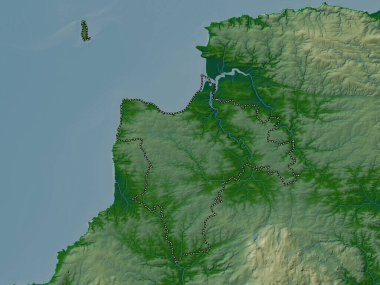 Torridge, İngiltere 'nin metropolitan olmayan bölgesi, Büyük Britanya. Gölleri ve nehirleri olan renkli yükseklik haritası