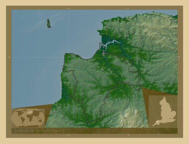 Torridge, İngiltere 'nin metropolitan olmayan bölgesi, Büyük Britanya. Gölleri ve nehirleri olan renkli yükseklik haritası. Köşedeki yedek konum haritaları