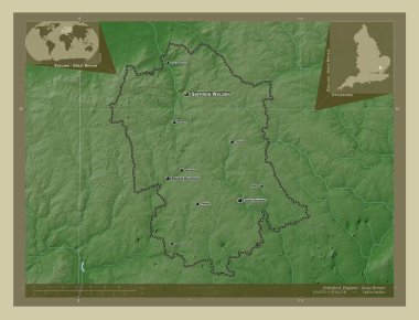 Uttlesford, İngiltere 'nin metropolitan olmayan bölgesi - Büyük Britanya. Yükseklik haritası göller ve nehirlerle wiki tarzında renklendirilmiş. Bölgenin büyük şehirlerinin yerleri ve isimleri. Köşedeki yedek konum haritaları