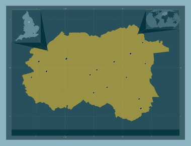 Wakefield, İngiltere 'nin üniter otoritesi Büyük Britanya. Katı renk şekli. Bölgenin büyük şehirlerinin yerleri. Köşedeki yedek konum haritaları