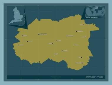 Wakefield, İngiltere 'nin üniter otoritesi Büyük Britanya. Katı renk şekli. Bölgenin büyük şehirlerinin yerleri ve isimleri. Köşedeki yedek konum haritaları