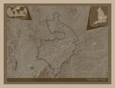 Warwickshire, İngiltere idari kontluğu - Büyük Britanya. Yükseklik haritası sepya tonlarında göller ve nehirlerle renklendirilmiş. Bölgenin büyük şehirlerinin yerleri ve isimleri. Köşedeki yedek konum haritaları