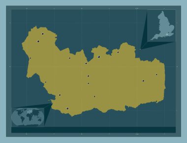 Waverley, İngiltere 'nin metropolitan olmayan bölgesi, Büyük Britanya. Katı renk şekli. Bölgenin büyük şehirlerinin yerleri. Köşedeki yedek konum haritaları