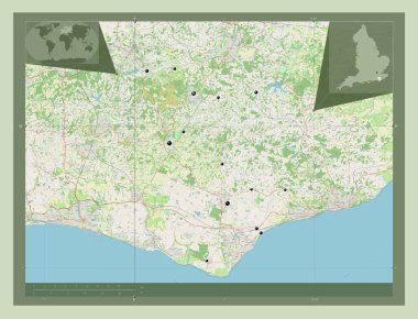 İngiltere 'nin metropolitan olmayan, zengin bölgesi Büyük Britanya. Açık Sokak Haritası. Bölgenin büyük şehirlerinin yerleri. Köşedeki yedek konum haritaları