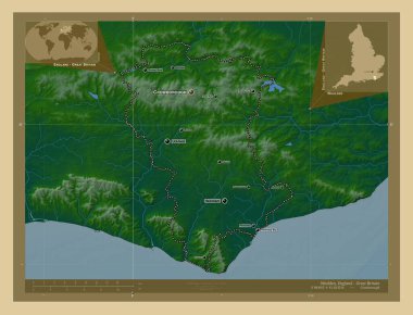 İngiltere 'nin metropolitan olmayan, zengin bölgesi Büyük Britanya. Gölleri ve nehirleri olan renkli yükseklik haritası. Bölgenin büyük şehirlerinin yerleri ve isimleri. Köşedeki yedek konum haritaları