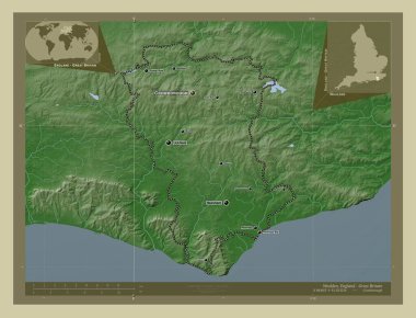 İngiltere 'nin metropolitan olmayan, zengin bölgesi Büyük Britanya. Yükseklik haritası göller ve nehirlerle wiki tarzında renklendirilmiş. Bölgenin büyük şehirlerinin yerleri ve isimleri. Köşedeki yedek konum haritaları