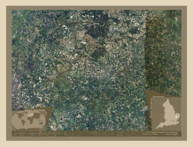 West Suffolk, non metropolitan district of England - Great Britain. High resolution satellite map. Locations and names of major cities of the region. Corner auxiliary location maps clipart