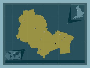 Wigan, İngiltere 'nin üniter otoritesi Büyük Britanya. Katı renk şekli. Bölgenin büyük şehirlerinin yerleri. Köşedeki yedek konum haritaları