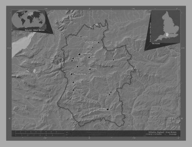 Wiltshire, İngiltere idari kontluğu - Büyük Britanya. Göllü ve nehirli çift katlı yükseklik haritası. Bölgenin büyük şehirlerinin yerleri ve isimleri. Köşedeki yedek konum haritaları