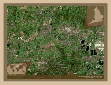 Windsor ve Maidenhead, İngiltere 'nin metropol bölgesi - Büyük Britanya. Düşük çözünürlüklü uydu. Bölgenin büyük şehirlerinin yerleri ve isimleri. Köşedeki yedek konum haritaları