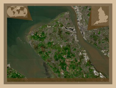 Wirral, metropolitan district of England - Great Britain. Low resolution satellite map. Locations of major cities of the region. Corner auxiliary location maps clipart