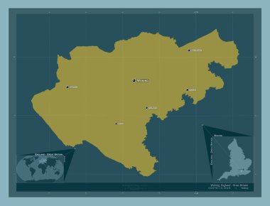 İngiltere 'nin metropolitan olmayan Büyük Britanya bölgesinde. Katı renk şekli. Bölgenin büyük şehirlerinin yerleri ve isimleri. Köşedeki yedek konum haritaları