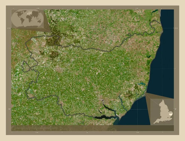 イングランドの行政郡サフォーク 英語版 イギリス 高解像度衛星地図 コーナー補助位置図 — ストック写真