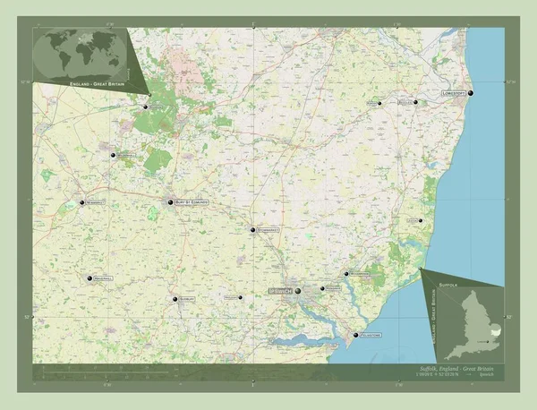 イングランドの行政郡サフォーク 英語版 イギリス ストリートマップを開く 地域の主要都市の位置と名前 コーナー補助位置図 — ストック写真