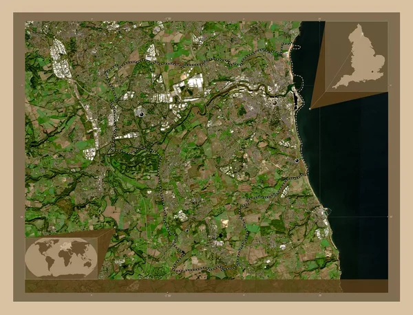 桑德兰 英格兰的单一政权 大不列颠 低分辨率卫星地图 该区域主要城市的所在地点 角辅助位置图 — 图库照片