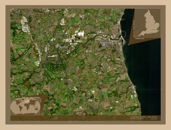 桑德兰 英格兰的单一政权 大不列颠 低分辨率卫星地图 该区域主要城市的地点和名称 角辅助位置图 — 图库照片