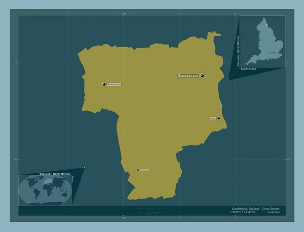 桑德兰 英格兰的单一政权 大不列颠 固体的颜色形状 该区域主要城市的地点和名称 角辅助位置图 — 图库照片