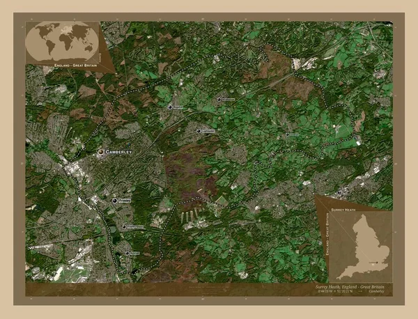 英国非大都市地区 低分辨率卫星地图 该区域主要城市的地点和名称 角辅助位置图 — 图库照片