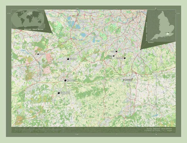Surrey Bestuurlijke Graafschap Engeland Groot Brittannië Open Plattegrond Locaties Namen — Stockfoto