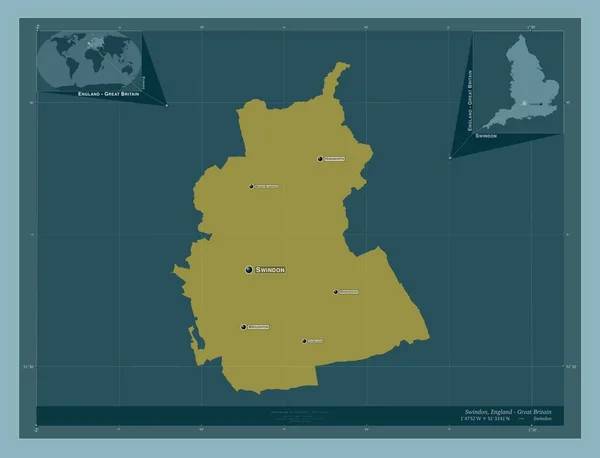 スウィントン イギリスの統一的権威 イギリス しっかりした色の形 地域の主要都市の位置と名前 コーナー補助位置図 — ストック写真