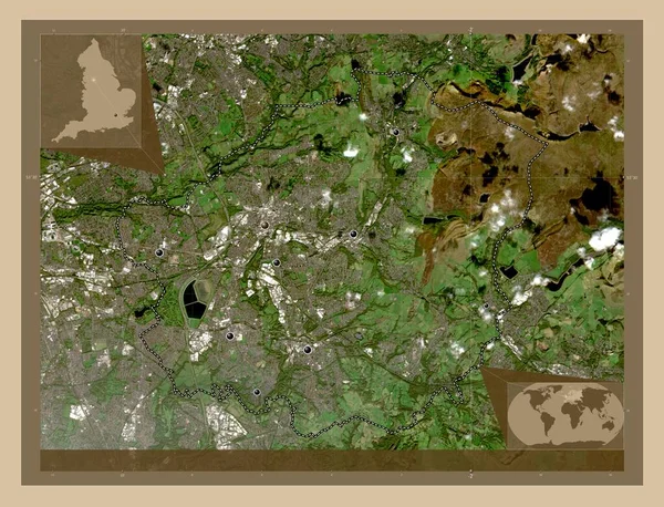 Tameside 英国大都市地区 大不列颠 低分辨率卫星地图 该区域主要城市的所在地点 角辅助位置图 — 图库照片