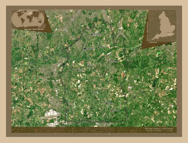 イギリスの首都圏ではない地域 タンドリッジ イギリス 低解像度衛星地図 地域の主要都市の位置と名前 コーナー補助位置図 — ストック写真