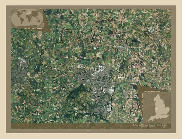 テルフォードとレキン イギリスの統一的権威 イギリス 高解像度衛星地図 地域の主要都市の位置と名前 コーナー補助位置図 — ストック写真