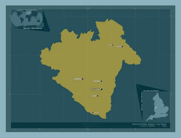 Telford和Wrekin 英格兰的统一权威 大不列颠 固体的颜色形状 该区域主要城市的地点和名称 角辅助位置图 — 图库照片
