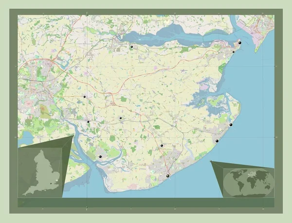 イギリスの首都圏ではない地域 テンディング イギリス ストリートマップを開く 地域の主要都市の場所 コーナー補助位置図 — ストック写真
