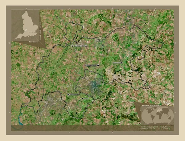 Tewkesbury 英国非大都市地区 高分辨率卫星地图 该区域主要城市的地点和名称 角辅助位置图 — 图库照片