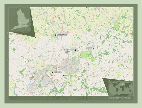 Tewkesbury 英国非大都市地区 开放街道地图 该区域主要城市的地点和名称 角辅助位置图 — 图库照片