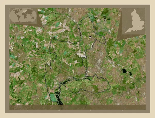 イギリスの首都圏ではない3つの川 イギリス 高解像度衛星地図 地域の主要都市の場所 コーナー補助位置図 — ストック写真