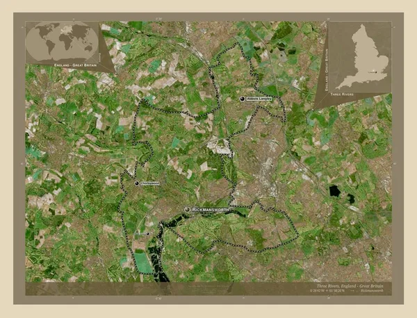 イギリスの首都圏ではない3つの川 イギリス 高解像度衛星地図 地域の主要都市の位置と名前 コーナー補助位置図 — ストック写真