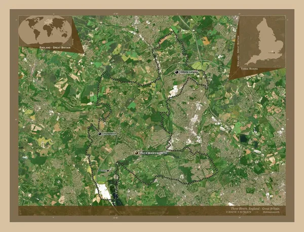三条河 英格兰的非大都市地区 大不列颠 低分辨率卫星地图 该区域主要城市的地点和名称 角辅助位置图 — 图库照片