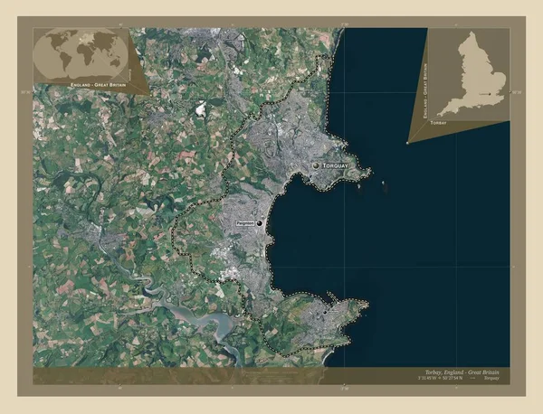 托尔拜 英格兰的单一政权 大不列颠 高分辨率卫星地图 该区域主要城市的地点和名称 角辅助位置图 — 图库照片