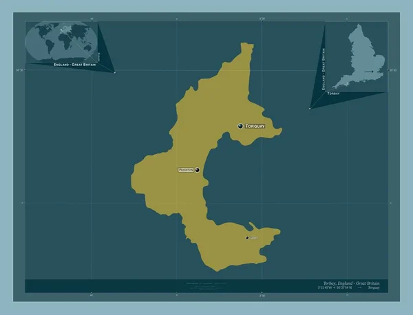 トーベイ イギリスの統一当局 イギリス しっかりした色の形 地域の主要都市の位置と名前 コーナー補助位置図 — ストック写真