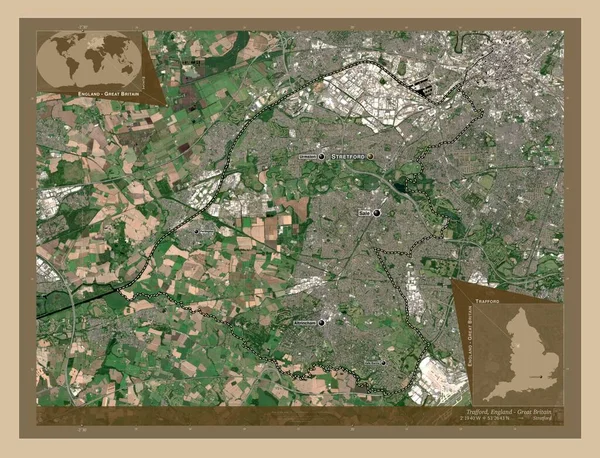 Trafford Großraum England Großbritannien Satellitenkarte Mit Niedriger Auflösung Orte Und — Stockfoto