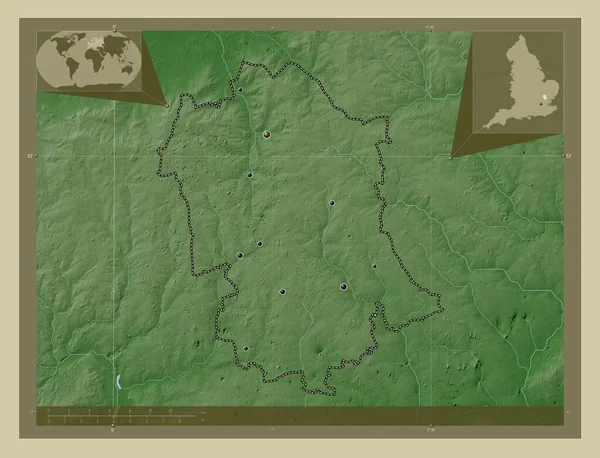 Uttlesford 英格兰非大都市地区 大不列颠 用Wiki风格绘制的带有湖泊和河流的高程地图 该区域主要城市的所在地点 角辅助位置图 — 图库照片