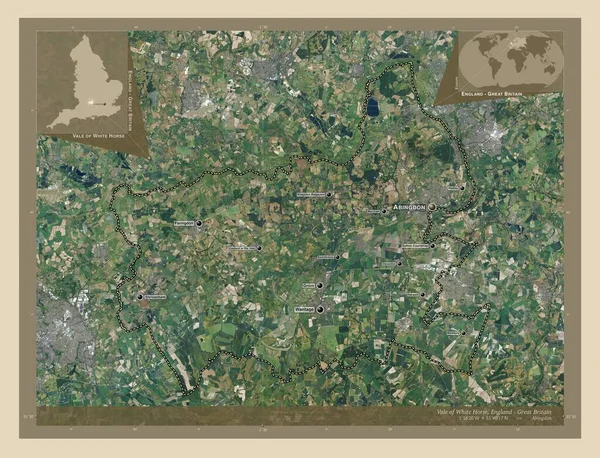 イングランドの非大都市圏 ホワイトホースの谷 イギリス 高解像度衛星地図 地域の主要都市の位置と名前 コーナー補助位置図 — ストック写真