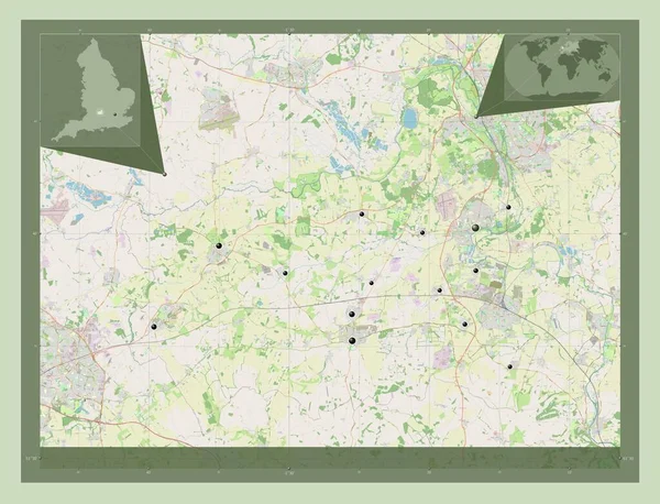 イングランドの非大都市圏 ホワイトホースの谷 イギリス ストリートマップを開く 地域の主要都市の場所 コーナー補助位置図 — ストック写真
